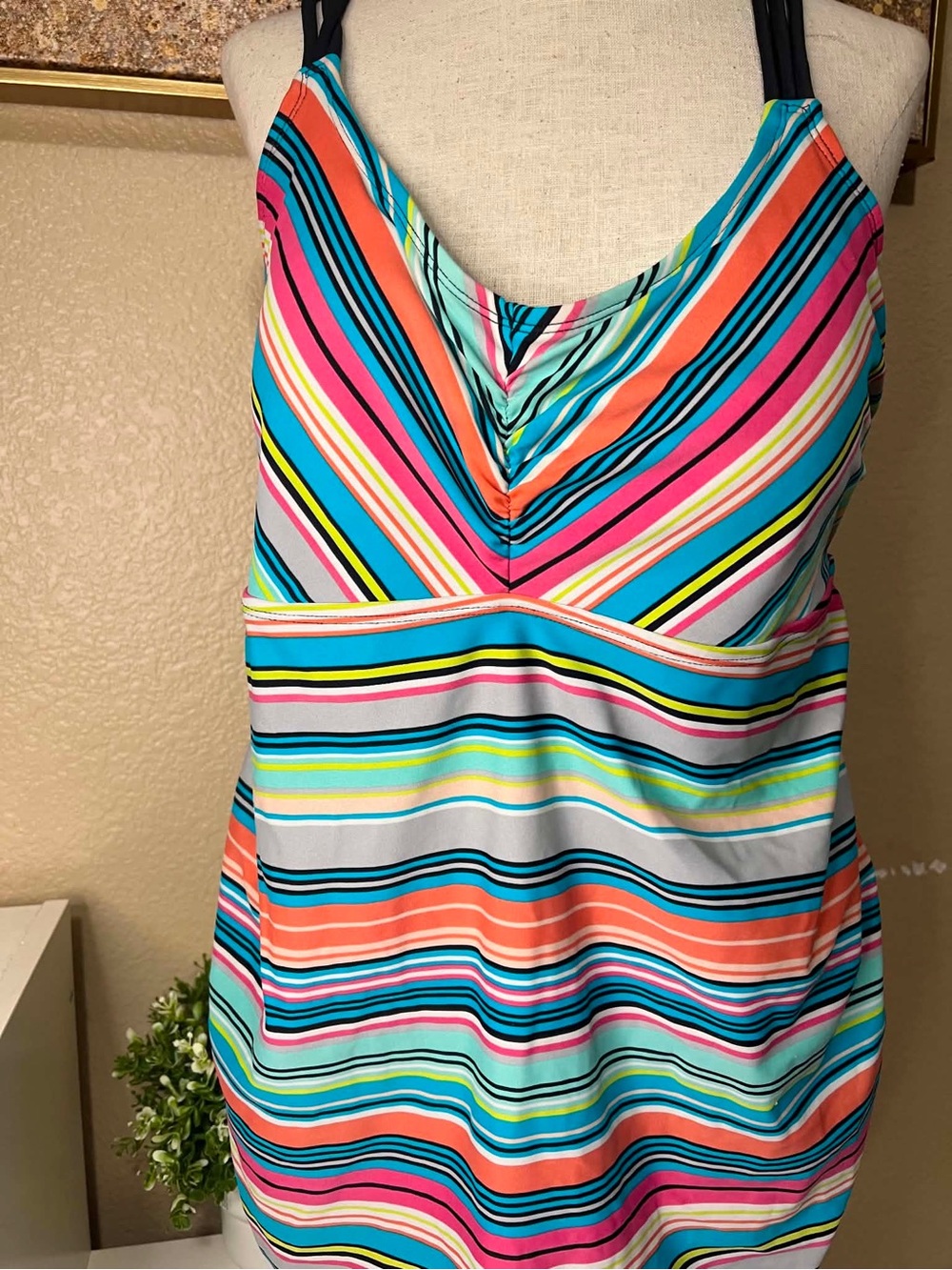 Pure Energy Tankini Swim Top 18W Plus Size Colorful Striped Ruched Swimwear